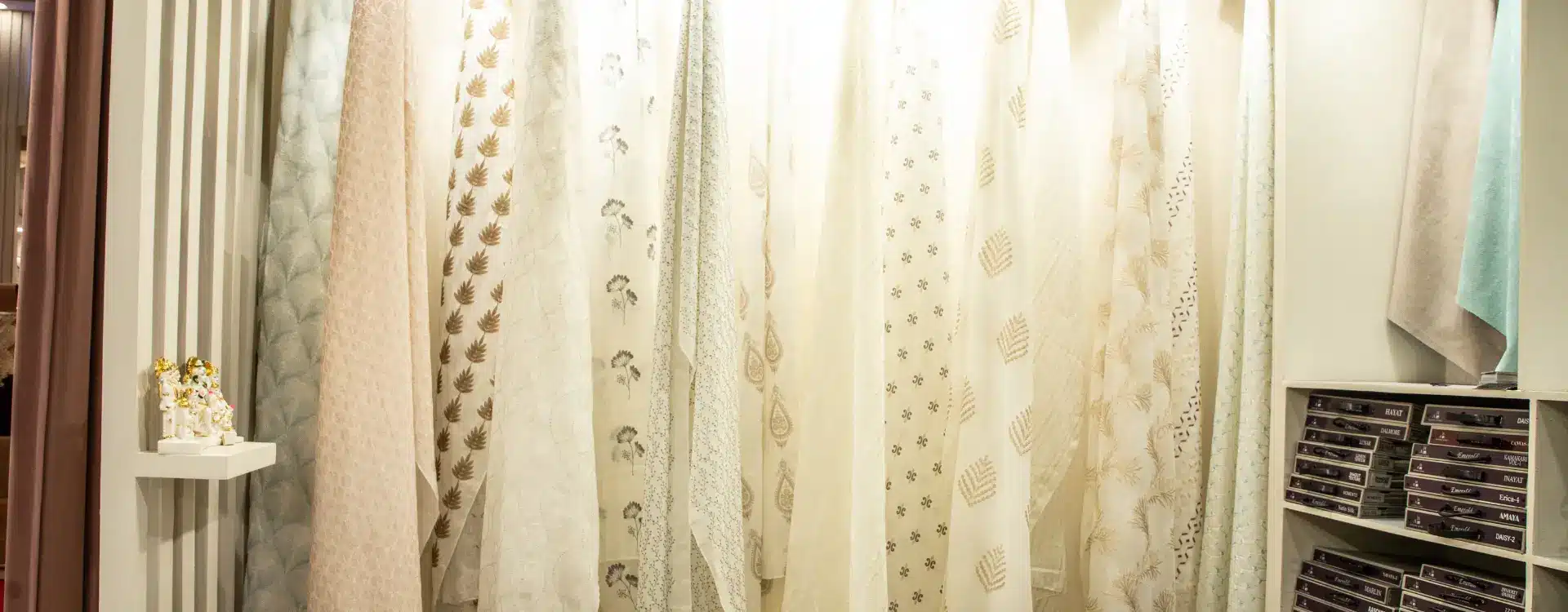 Luxury curtain fabrics in pastel shades for modern living room interiors